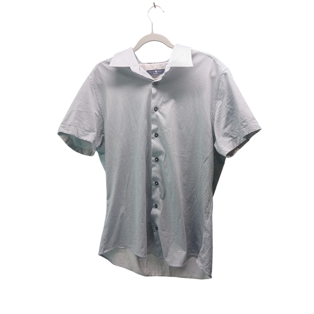 STONE‎ ROSE Mens Short Sleeve Button Down Shirt White Blue Geometric Print XL